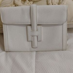 H Brand White Leather Clutch